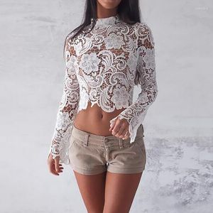 Blouses Femmes Été Dentelle Crop Top Femmes Chemises Sexy À Manches Longues Élégant Crochet Creux Fermeture À Glissière Hauts Dames Vêtements Femme