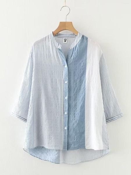 Blouses pour femmes été dame chemise coton Cardigan trois quarts rayures lâche bleu mode mince femmes Blouse femme YoyiKamomo