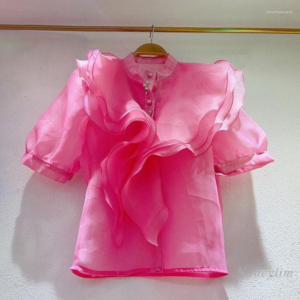 Blusas de mujer, camisa de Organza de verano para mujer, Blusas y Tops transparentes de manga corta abullonada de retales con volantes de hadas para mujer