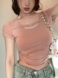Blusas de mujer, blusas elegantes de color rosa para verano, blusas informales coreanas asimétricas con volantes y diseño calado para mujer 2023