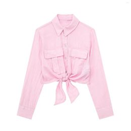 Chemisiers pour femmes été rose chemise Bandage solide à manches longues haut décontracté ample élégant Ins hauts courts avec poches femme chemises