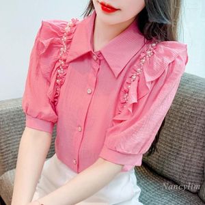 Chemisiers pour femmes été rose chemise en mousseline de soie à manches courtes 2023 Design sens beaux volants perles épaule Blusas Mujer