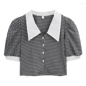 Dames blouses zomer plaid puff piezer mouw elegante crop top down collar botton korte shirts zoete Koreaanse geelblauwe blouse