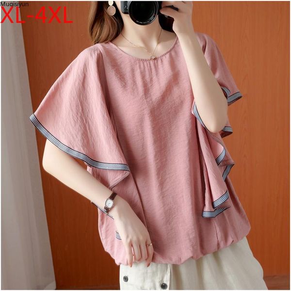 Blusas de mujer Blusa de talla grande de verano Camisas Ropa de mujer Algodón Casual Suelto Tops para mujer joven Túnica Moda Manga de mariposa Sólido S3298