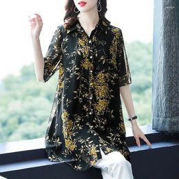 Blouses pour femmes Collier de polo Summer Fashion Short Shirt Femme High Street Button Cardigan Impression florale vintage Blouse de mi-longueur