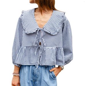 Blouses pour femmes Prairie Chic Sweet Shirt Plaid Primp Lantern Long Sleeve Doll Collar Bow Sew-Up Front Loose Peplum Tops