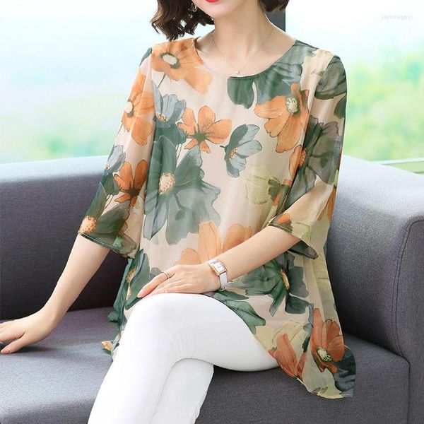 Blusas de mujer Estampado de verano Camisas de gasa asimétricas sueltas Tops Damas Media manga Blusa delgada de talla grande Moda Vintage Ropa de mujer