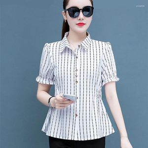 Dames Blouses Zomer Bedrukte Shirts Dames Korte Ruches Mouw Blouse Shirt Tuniek Slim Fit Lady Mode Bloemen Top Korea Style Tees 2023