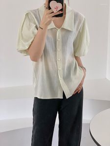 Blusas de mujer, camisa informal fina de manga abullonada de verano para mujer, moda coreana 2023, blusa semitransparente pura, Top verde claro