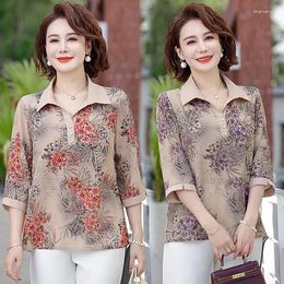 Damesblouses zomer pullover afdrukken vierkante kraag halve mouw bloemenknop chiffon shirt losse middelbare leeftijd en oudere tops