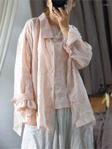 Blouses pour femmes Summer Ramie Shirt 2024 Retro Casual Thin Suncreen Tops Cold-Down Collur à manches longues à manches longues