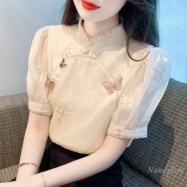 Chemisiers pour femmes été rétro chemises 2023 Style national élégant industrie lourde broderie tridimensionnelle perles Cheongsam haut Blusas