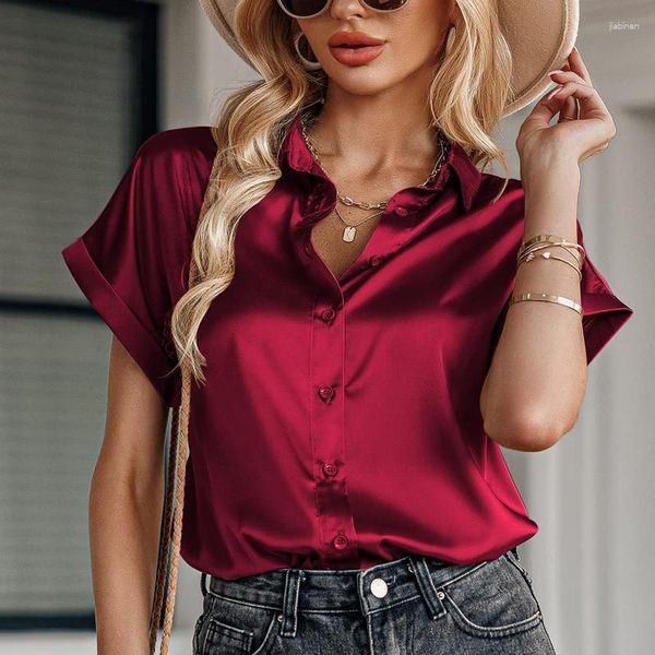 Blusas para mujeres Camisas de satén de verano Moda suelta Mujeres de manga corta Botones Mujer Office Lady Clothing Elegant 26496