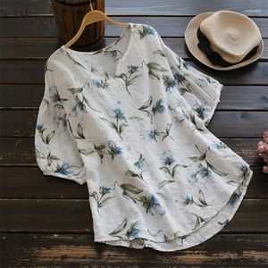 Damesblouses zomerhemd voor vrouwen 2023 korte mouw bloemenprint top vinatge plaid groot formaat katoenen linnen shirts dames
