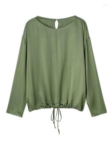 Camicette da donna Camicia estiva Camicetta verde drappeggiata larga con scollo tondo in raso di seta a maniche lunghe