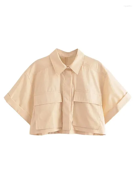 Blusas de mujer Camisa de verano con panel de cuello de solapa oculto Top corto de tela cortavientos