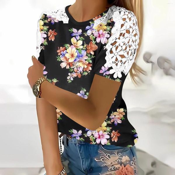 Chemisiers pour femmes Chemises d'été Chemisier à manches courtes pour femmes Imprimé floral Mignon Chemise Tops Printemps Col rond Panneau en dentelle Graphique décontracté