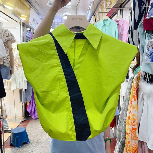 Blusas de mujer Camisa verde corta de verano Temperamento de moda Corbata Manga voladora Cintura alta y tops ajustados 2023