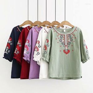 Damesblouses zomer zomers korte mouw o-neck etnische boho dames 2023 borduurwerk bloemen hippie dames tops blusas mujer 5 kleuren