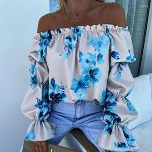 Damesblouses Zomer Lente High Street Ruffle Blouse Mode Bloemenprint Off-shoulder Pullover Tops Sexy Slash Neck Lantaarnmouwen