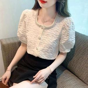 Damesblouses zomer vierkante kraag kokkladen bladerdeeg korte mouw shirt vrouwelijk elegante mode massieve kleur vest blouse top