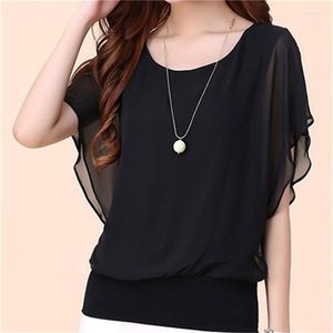 Damesblouses zomerstijl vrouwen modieuze o-neck chiffon shirts vleermuis mouw solide kleur losse tops blusasmm0150