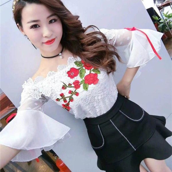 Blouses pour femmes Sumy Bow Floral Brodery Lace Blouse Femmes Femmes Scolaris Couc Mesh Mesh Ladies Slim Shirt Blusas Tops