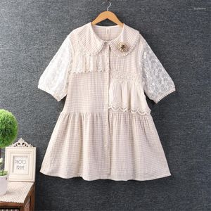 Blusas de mujer Verano Dulce Encaje Patchwork Camisa a cuadros Mujer Manga corta Un solo pecho Casual Top HT 13058