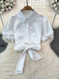 Women's Blouses Summer Sweet White Shirt Women Tuen Down Collar Puff Sleeve Lace-Up Vrouw Camisas de Mujer Frenchic Almachtige tops Drop