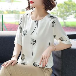 Blouses pour femmes été tempérament impression en mousseline de soie col rond à manches courtes Blouse femmes vêtements simplicité paysage naturel chemises dames