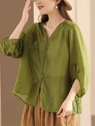 Blouses pour femmes Ramie Thin Style Ramie Femme Retro Casual V-Neck Three Quarter Sleeve Loose Tops 2024 Blouse