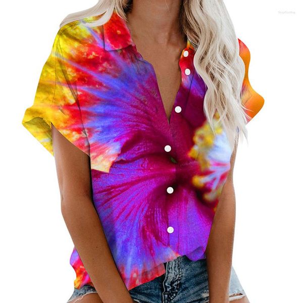 Blusas de mujer verano Tie Dye Floral fresa 3D estampado camisas mujer manga corta camisa Harajuku botón Oversized Tops mujer ropa