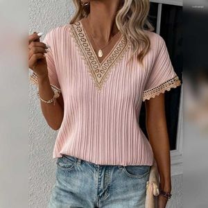 Chemisiers pour femmes Top d'été Chic Streetwear T-shirt plissé à col en V avec encolure en dentelle T-shirt à manches courtes pour un look élégant et ample