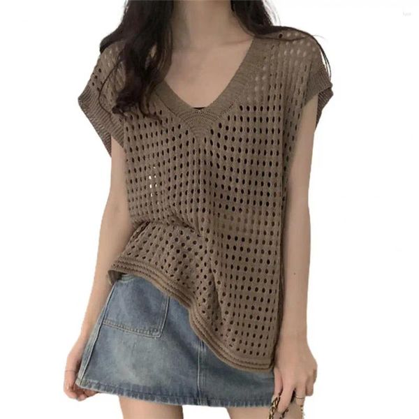 Blusas para mujeres Top de cuello en V de verano Top con cuello en V con mangas cortas Diseño de protección de protección solar para el protector solar para ropa de calle