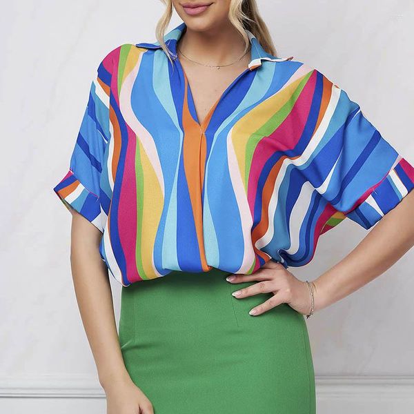 Blusas de mujer Verano Diseño único Contraste Color Camisa suelta Impresión a rayas Moda Cuello en V Calidad Jersey Tops SY2278