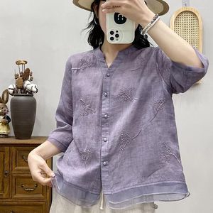 Vrouwen Blouses Zomer V-hals Borduurwerk Herstellen Oude Driekwart Mouwen Shirt Vrouwen Kleding Literaire Comfortabele Vrouwelijke Tops K007