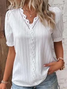 Damesblouses Zomer V-hals Kant Patchwork Korte mouw Losse blouse Dames Lantaarnshirt Tops