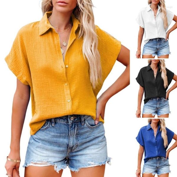 Blusas de mujer Verano Escote en V Camisas de bromista Mangas sueltas Estilo casual Botones de tela para mujer Chica Ropa de oficina