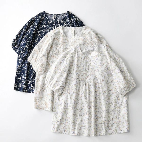 Blouses pour femmes Été Vintage Coton Accordéon Plissé Manches Bouffantes Lâche Babydoll Blouse 2024 Japon Casual Cottage Core Kawaii Vêtements Mignons