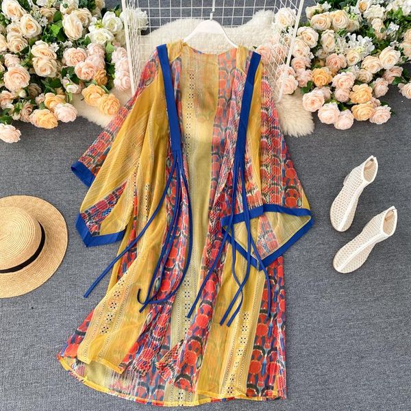 Blusas de mujer verano Vintage estilo étnico estampado protector solar abrigo mujer vacaciones viaje bohemio cárdigan con capucha camisa gasa larga