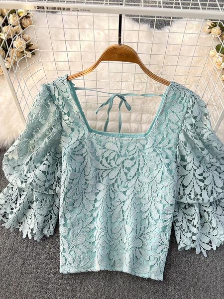 Blusas de mujer Verano Vintage Cuello cuadrado Blusa corta de encaje Mujer Púrpura/Verde/Rosa Manga abullonada Gancho Flor Ahueca hacia fuera la camisa Tops Blusas