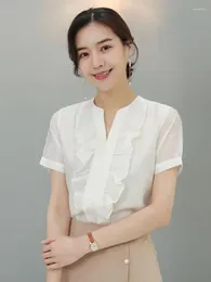 Blusas para mujeres Summer White V Neck Camisa de borde de manga corta Versión coreana Versión rosa Tops versátiles