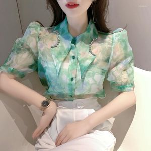 Chemisiers pour femmes été femmes diamant point col rendre imprimé Organza chemise manches simple boutonnage mince hauts en mousseline de soie