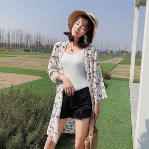 Damesblouses zomer dames bloemen kimino blouse mid-length chiffon zonbescherming vest koortaan Koreaanse stijl losse shirt kleding