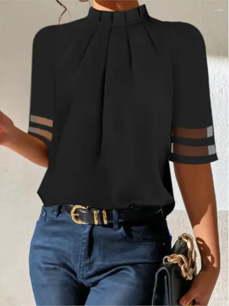 Blusas de mujer, blusa negra de verano para mujer, camisa informal elegante de manga corta con cuello redondo, camisas de fiesta de oficina para mujer