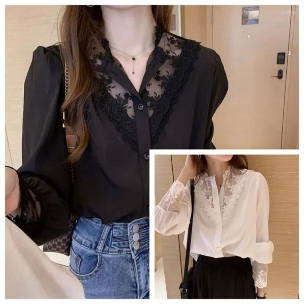 Blouses Femmes Été Femmes Blouse Dentelle Patchwork Mousseline De Soie Chemise Blanche À Manches Longues Bouton Élégant Bureau Lady Tops Style Coréen Vêtements