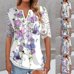 Damen Blusen Sommer Damen Bluse Shirt Blumendruck Spitze 2023 Elegant Knopf V-Ausschnitt Kurzarm Sexy Plissee Top Pullover Blusa