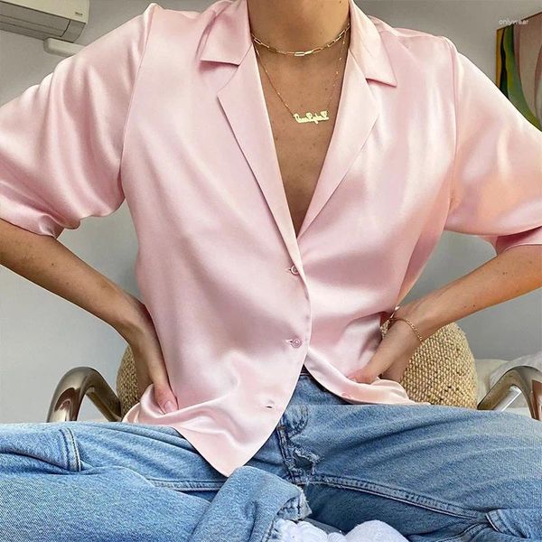 Blusas para mujeres Summer Mujeres Botón de manga corta Satin Traje sólido Camisa de la calle Continúa elegante Femme Femme Tops Pink Office Office Trabajo