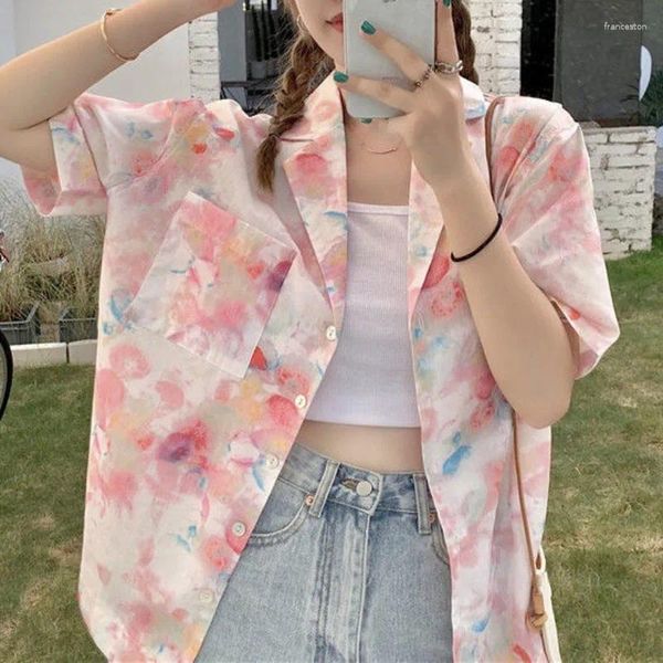 Blouses pour femmes Summer Femmes Chic Tie Dye Boulouge imprimé floral Bouton But Trop Lown Collar Casual Pink Shirt Teen Girls Fashion Streetwear