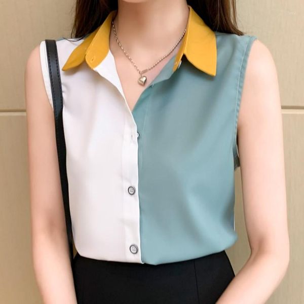 Blouses pour femmes été femmes contraste couleur Patchwork mousseline de soie 2023 Vintage élégant sans manches bureau travail décontracté hauts femme